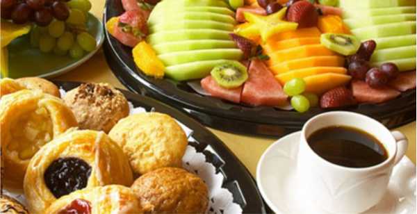 Assorted fresh Danish, donuts, muffins & “Country Bagel” bagels served with cream cheese, butter & jelly and a fresh fruit tray