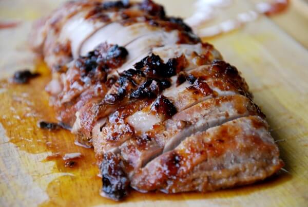 Teriyaki marinated pork tenderloin roasted with a honey glaze. Served with sesame soy lo mien noodles and vegetables.