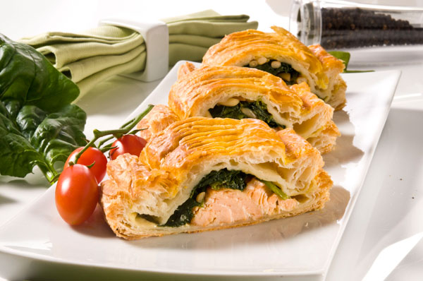 A house favorite! Salmon & creamed leeks wrapped in flaky phyllo dough and baked until golden and delicious.
